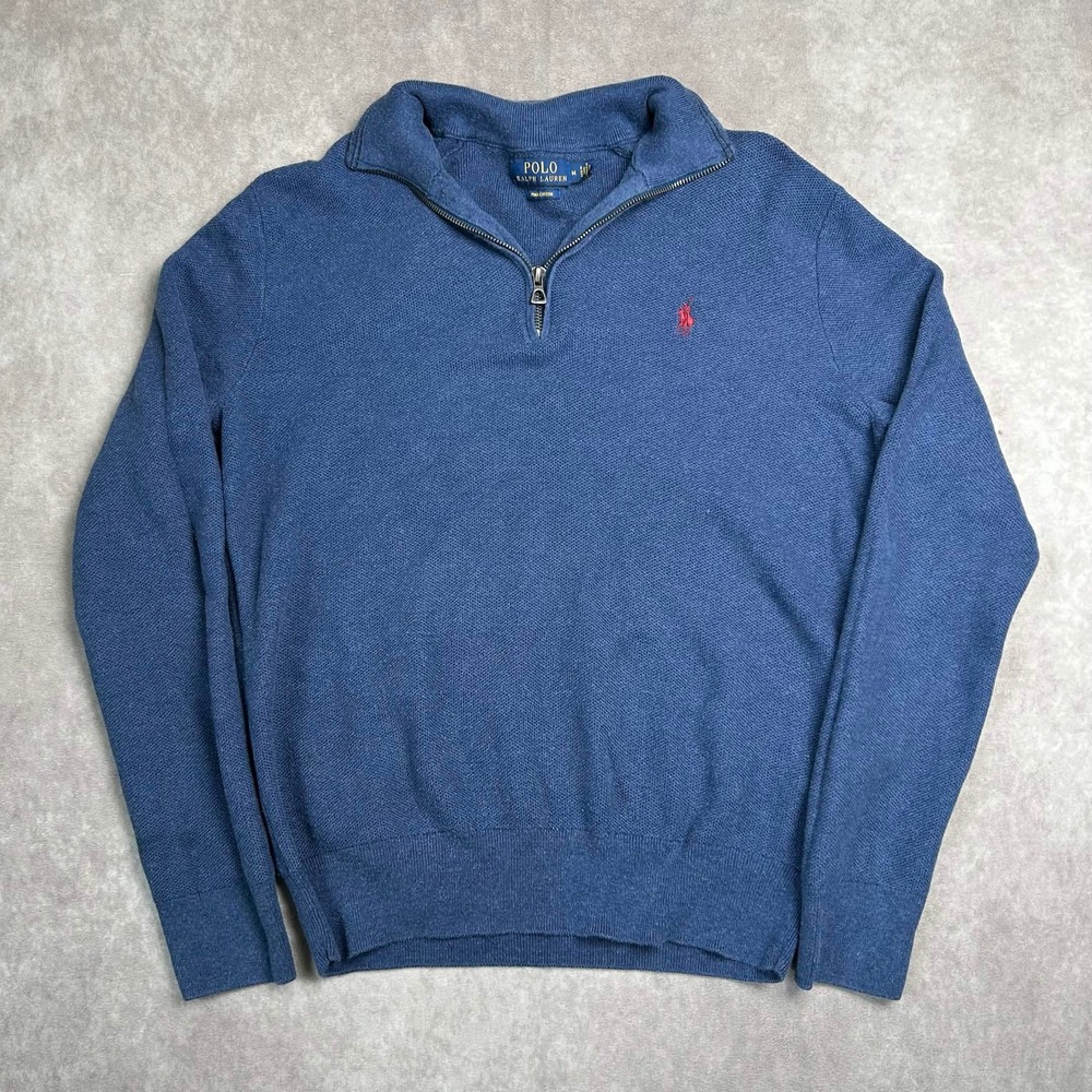 Polo Ralph Lauren Mens Blue Pima Cotton Quarter Zip Sweater Medium Red Pony Logo